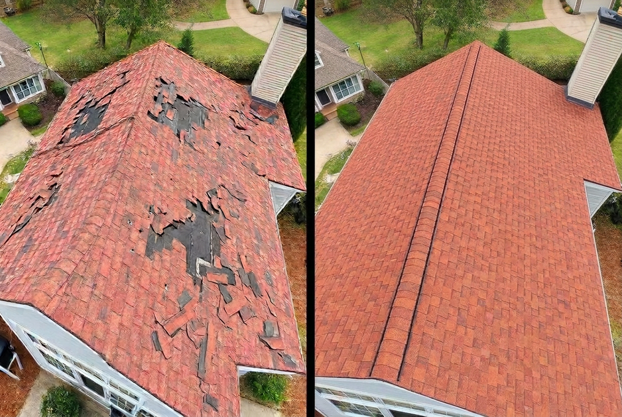 Storm-damaged shingles replaced with new architectural roof